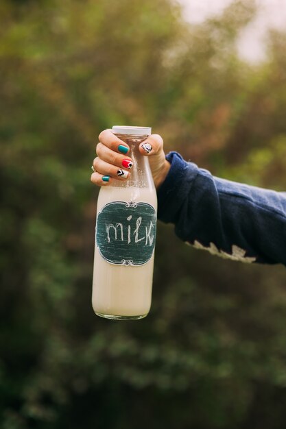 Decorative bottle of milk in hand