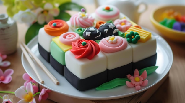 Декоративный торт в форме кусочков суши на тарелке с палочками