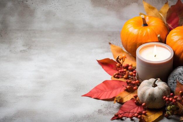 Photo decorative candle and autumn leaves on ground in the style of minimalist backgrounds