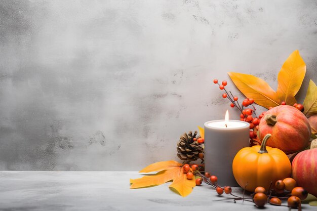 Decorative candle and autumn leaves on ground in the style of minimalist backgrounds