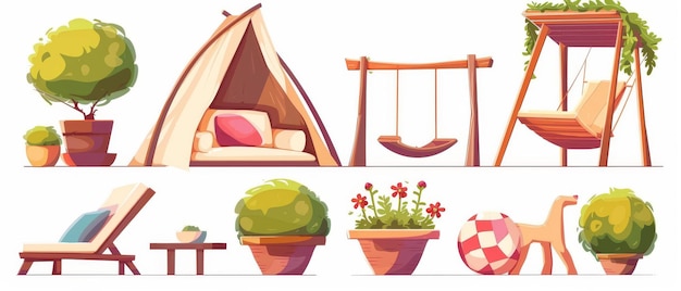 Decorative cartoon illustration set of backyard garden elements swing with pillow canopy and lounge chair dog house with flowers child game ball and dog house with flowers in pots