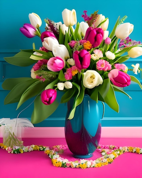 Decorative ceramic vase full of tulips and roses flowers stands in pink floor