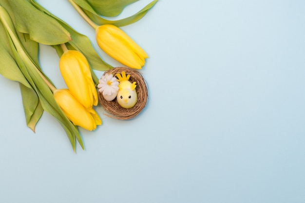 Decorative chick with an egg in the nest and yellow tulips