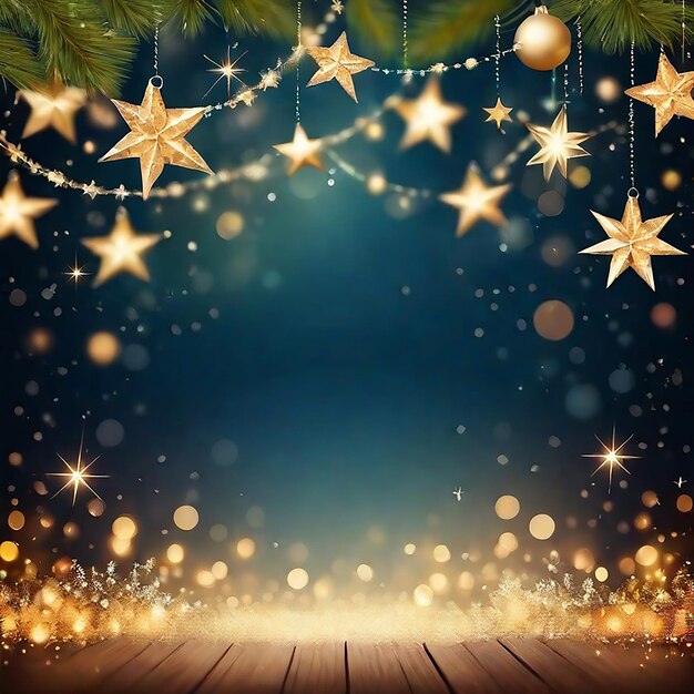 Decorative Christmas background of bokeh lights and stars generated by AI
