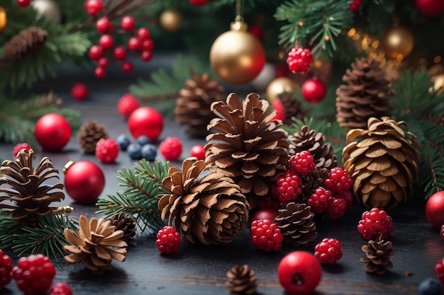 Decorative christmas background with berries and pine cones