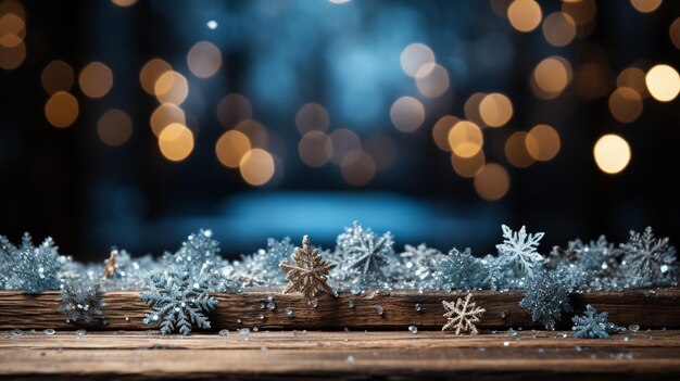 Decorative Christmas background with bokeh lights snowflakes and empty old wooden table Christmas