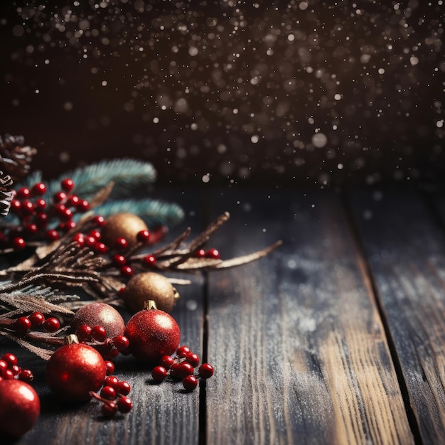 Decorative christmas flowers on table dark background with snow dust christmas concept