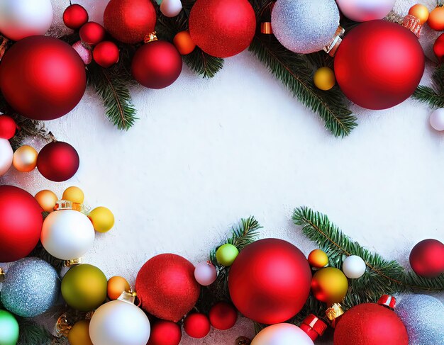 松ぼっくりモミの枝と雪片休日の装飾で覆われた果実と装飾的なクリスマス フレーム