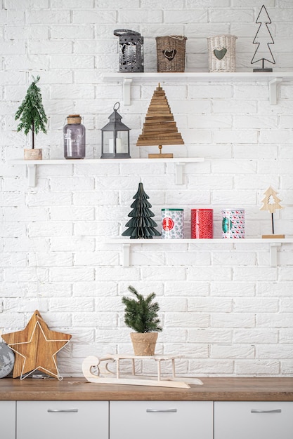 Decorative christmas items in the interior of a modern kitchen