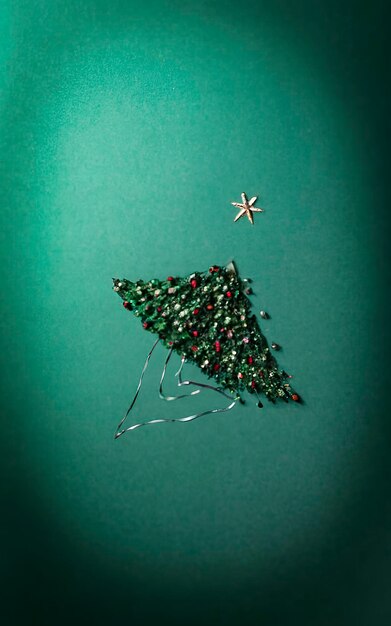 Foto albero di natale decorativo fatto di un nastro verde scuro luccicante sullo stesso sfondo colorato