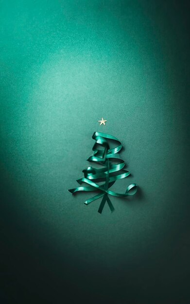 Foto albero di natale decorativo fatto di un nastro verde scuro luccicante sullo stesso sfondo colorato