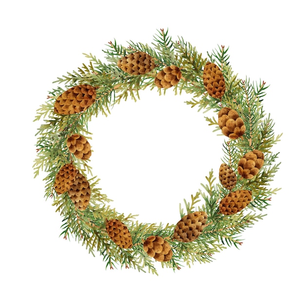 Decorative Christmas wreath with watercolor branches of fir