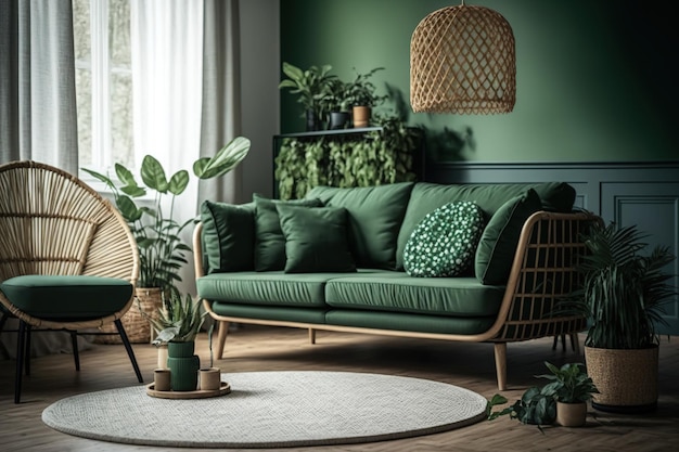 Decorative coffee table behind green sofa wooden seat and wicker chair