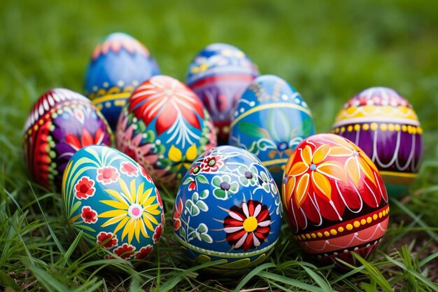 イースターの日に草の上に装飾的な彩色の卵