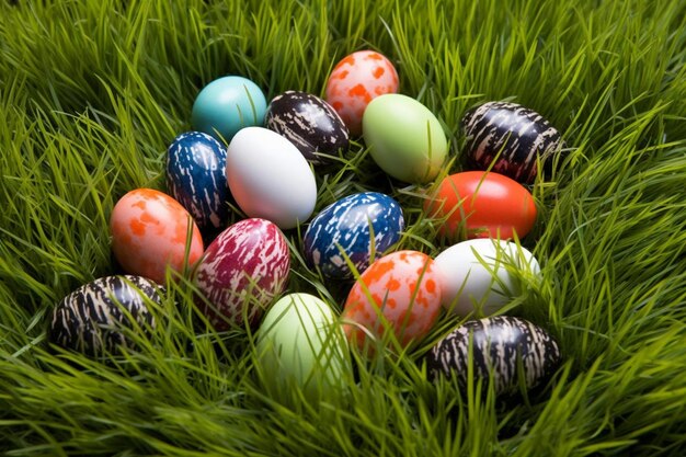 Decorative colored eggs on grass for easter day