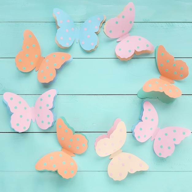 Decorative colorful paper butterflies. Top view, copy space for your text on a blue wooden table. Beautiful background for Birthday, March 8, Valentine's Day