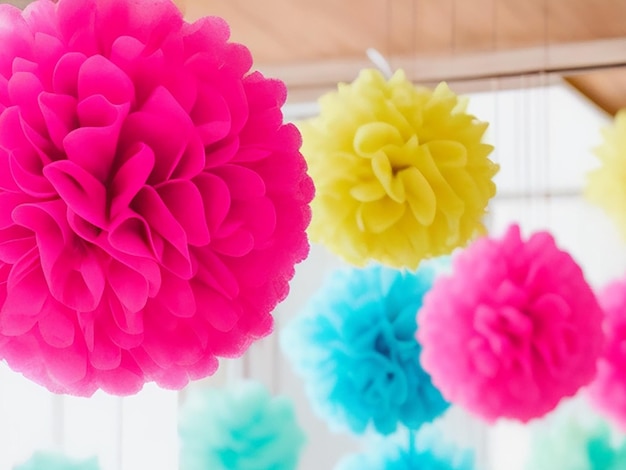 Photo decorative colorful pom poms used for decorations arrangement around the house