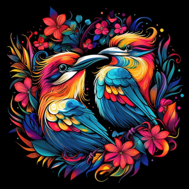 Decorative composition with birds Pattern of bright and colourful tropical birds and flowers in pop art style on dark background Template for Tshirt sticker etc