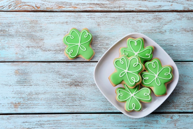 Decorative cookies on plate Saint Patrics Day concept