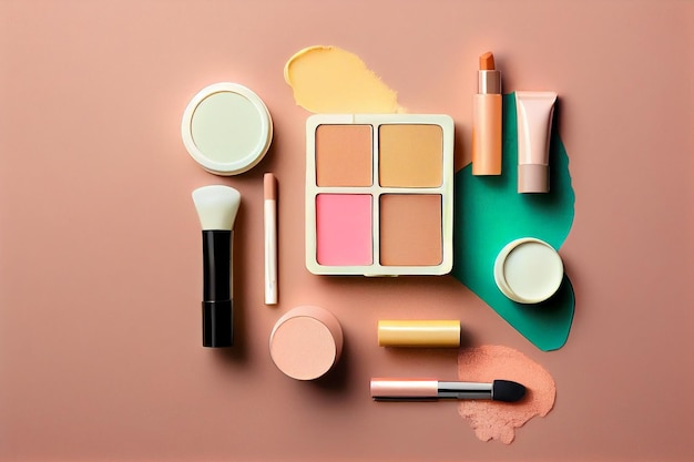 Decorative cosmetics and makeup brushes on a Color background top view