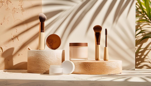 Decorative cosmetics with brushes and podiums on beige background