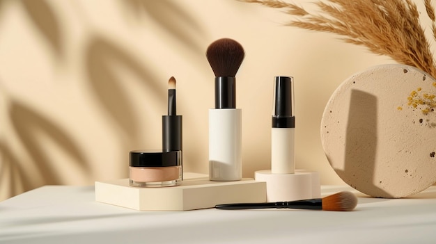 decorative cosmetics with brushes and podiums