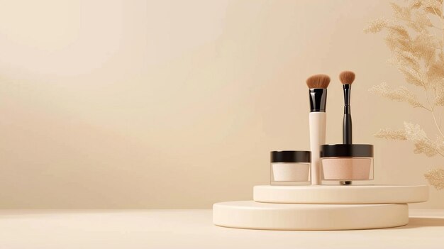 Decorative cosmetics with brushes and podiums