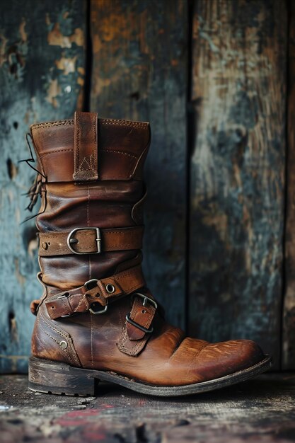 Photo a decorative cowboy boot featuring classic western motifs perched on a wooden floor with a vintage