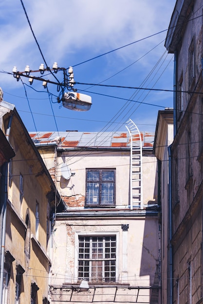 Decorative curved staircase to roof of house stairs leading to sky