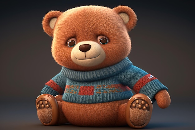 A decorative cute bear dressed in a warm sweater sits on the floor Generative AI