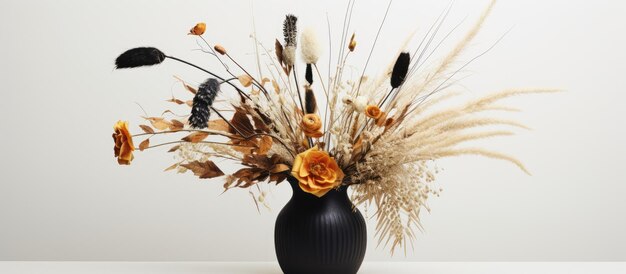 Decorative dried flower bouquet in black vase with reeds on white backdrop