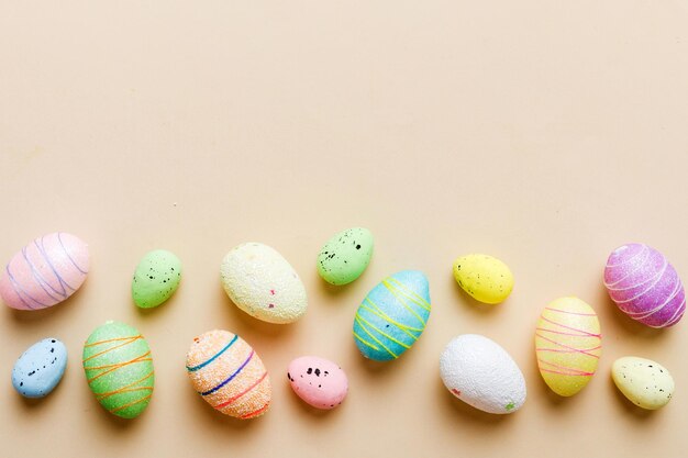 decorative easter eggs on colored background easter eggs collection top view with copy space