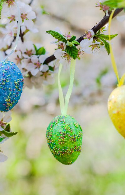 Decorative easter eggs on a flowering tree