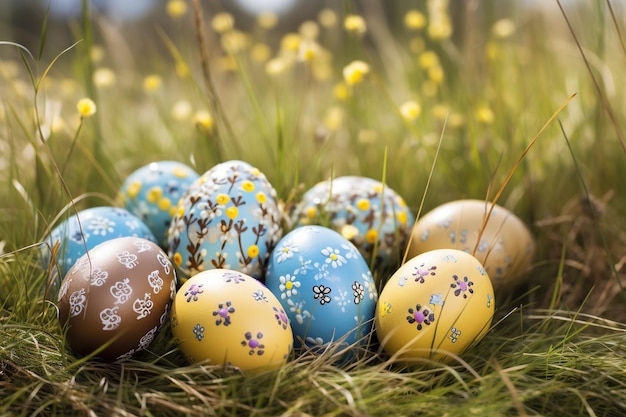 Decorative easter eggs in grass on a wood background