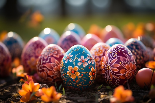 Decorative easter eggs in grass on a wood background