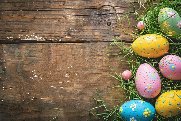 Decorative easter eggs in grass on a wood background