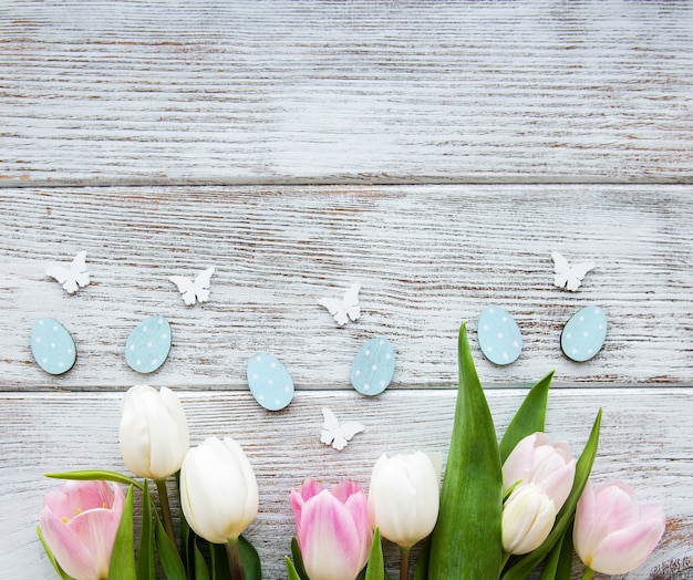 Decorative  Easter eggs and tulips bouquet