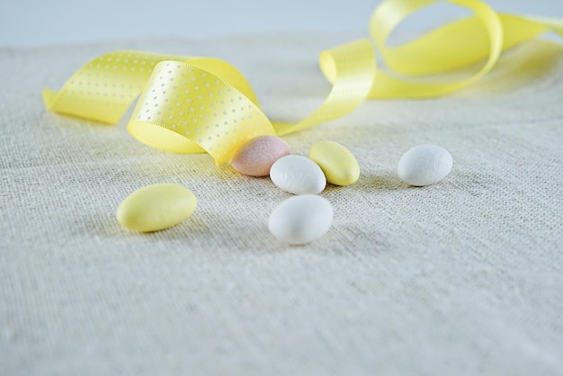 Decorative easter eggs with yellow ribbon