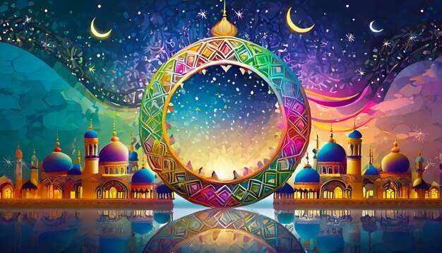 Decorative Eid mubarak background design with colorful circular frame vector illustration