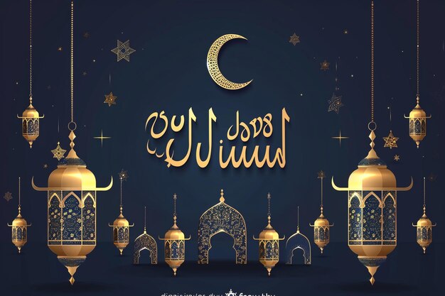 Decorative eid mubarak realistic greeting with moon and lanterns