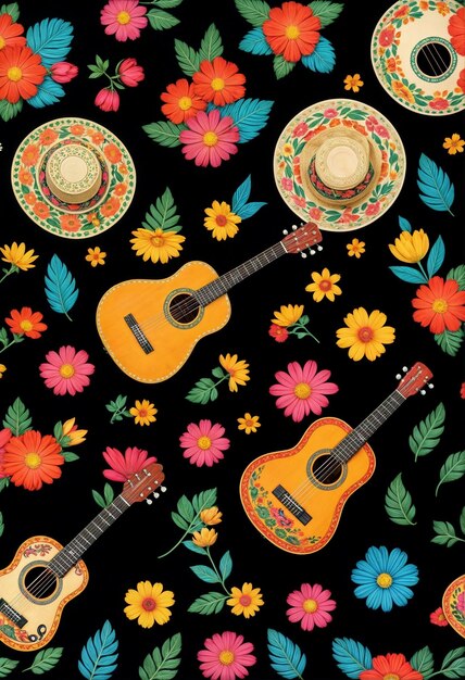 Decorative Fabric with Motifs of Mexican Guitars and Flowers