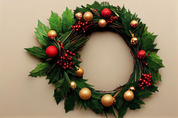 Decorative festive Christmas wreath with green red and golden christmas toys