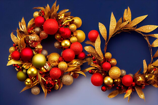 Decorative festive Christmas wreath with red and golden christmas toys and pine cones isolated on blue background