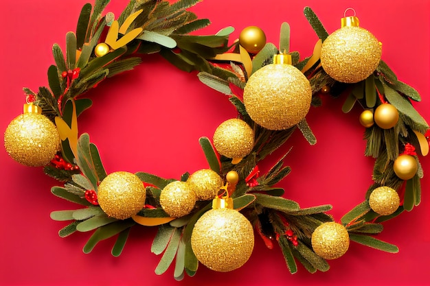 ルビー色の背景に赤と金のクリスマスのおもちゃを飾った装飾的な祝祭のクリスマス花束