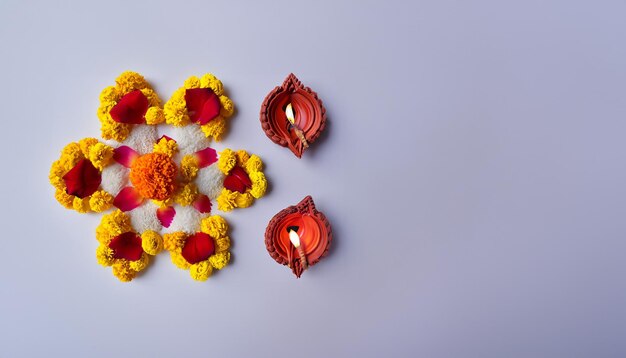 Foto striscia o bordo o motivo decorativo di rangoli di fiori per il festival di diwali o pongal