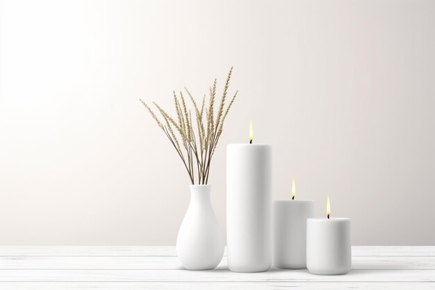 Decorative flower vase with white candles on wooden table against white background