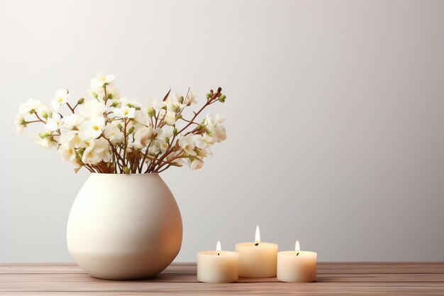 Decorative flower vase with white candles on wooden table against white background