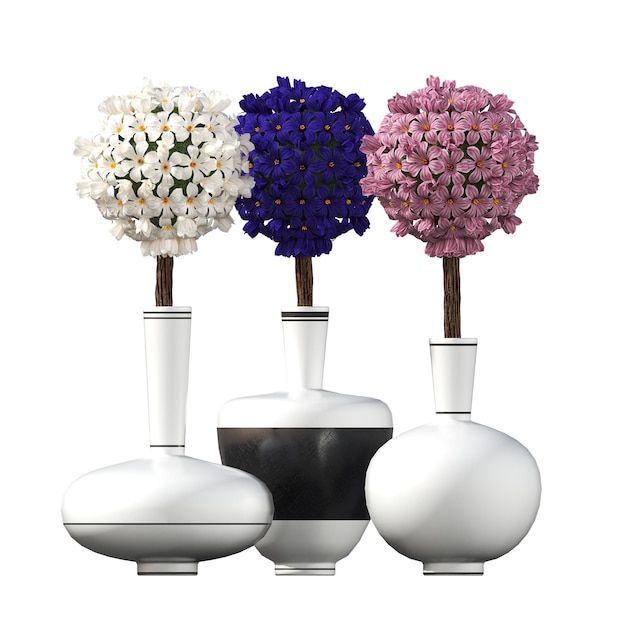 Foto fiori decorativi e piante per interni, isolati su sfondo bianco, illustrazione 3d, cg r