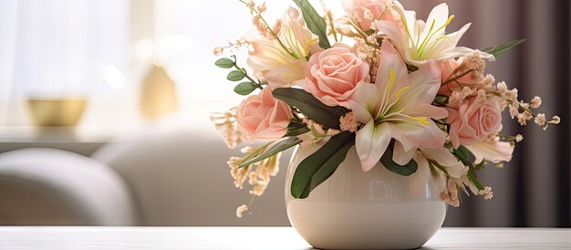 Decorative flowers in a pot adorn the interior table