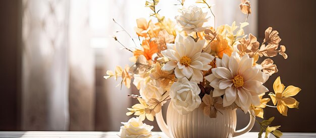 鉢植えの装飾花がインテリアテーブルを飾ります